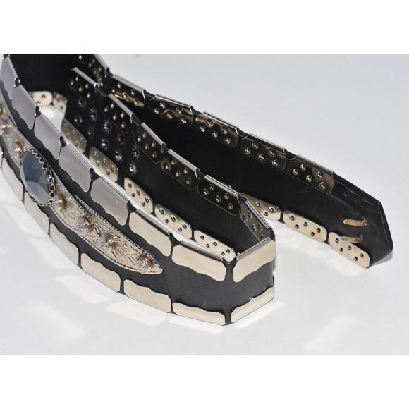 80s Chad Calvin Silver tone Studded Filigree & Black Rhinestone Leather Belt main image 7